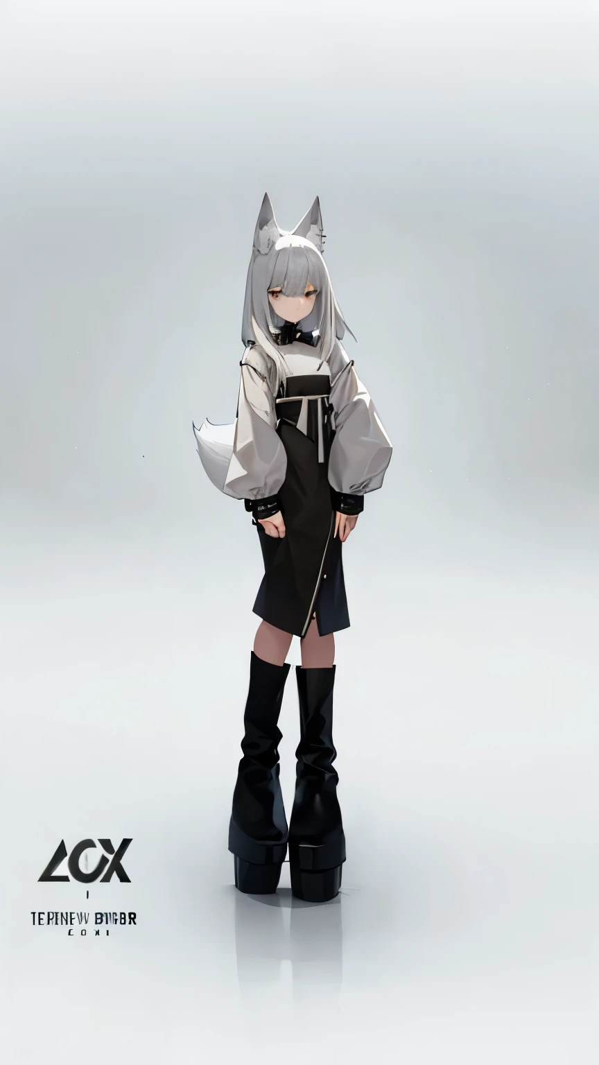 Tall woman with semi-short white hair with black strands, white fox ears, Plain gray dress, extra long black boots, White loose sleeves, big legs, big black eyes, very very small mouth