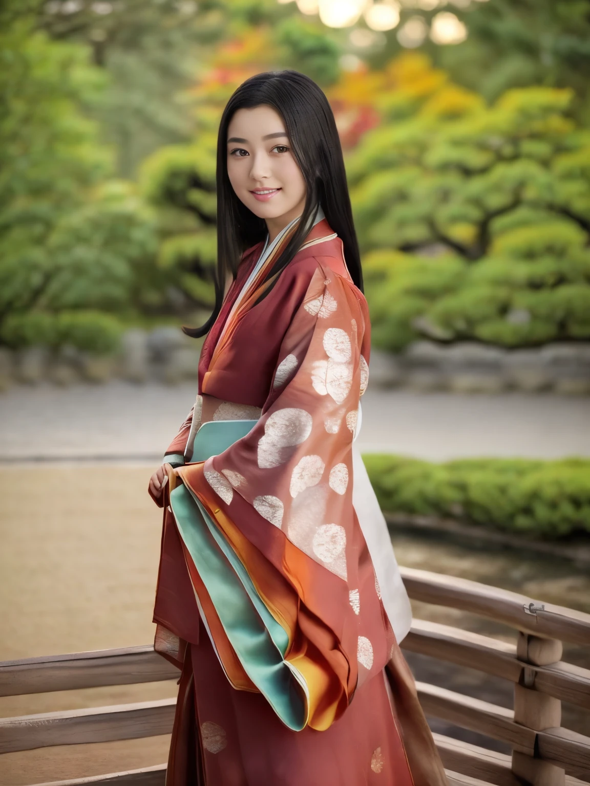 Front view , ((Full-body, standing on garden), a Japanese ancient girl, looking at viewer, beautiful Japanese Young General, girl is 20 years old, (Highly detailed face, Black hair ,Brown eye, Variegated eyes, Fuller lips, little Lips, little smile), (middle breasts, middle hip), (Japanese kimono, flower pattern), standing in Japanese Palace, near Garden, sunset ,(masterpiece, Highest quality, masterpiece, God-like quality, Godly art, , Very realistic)
