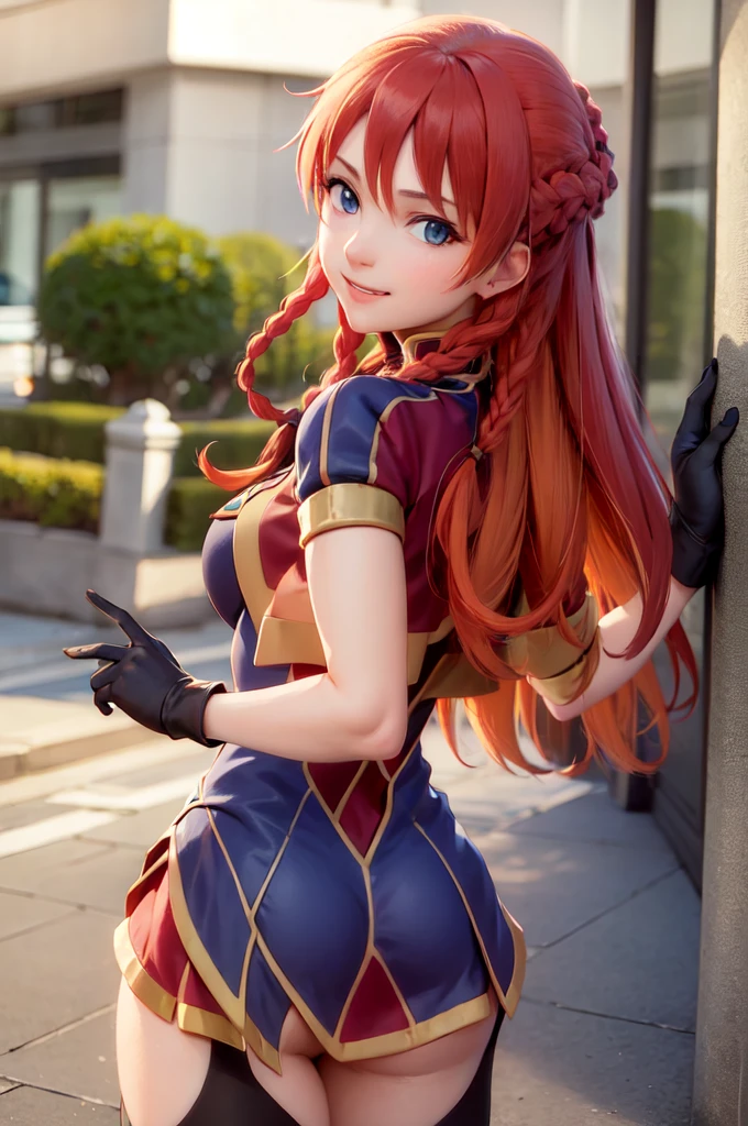 (masterpiece, best quality:1.2), from behind, solo, 1girl, selesia upitiria, smile, looking back, hair between eyes, thighhighs, black gloves