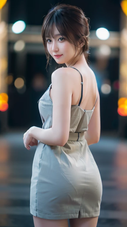 (8k, Highest quality, RAW Photoasterpiece: 1.2), Very detailed, Highest quality, Ultra-high resolution, Professional Lighting, Photon Mapping, Radio City, Physically Based Rendering, Cinema Lighting, Written boundary depth, I focus,1 female,24-years-old、 (Full Body Shot), ((OL Uniform、ミニskirt、pantyhose))((suit、skirt、pantyhose))((pantyhose))(Looking at the audience:1.3) Very slim, Medium chest, (((Pulling on clothes, Dress Tags, Wind, Wind lift:1.12)))、((return)), ((From behind))(Buckshot), cute, White skin、Looking at the audience, A light smile,alone, Captivating smile, Wide opening, Professional Lighting, Sony a7R4, Zesse 50mm F1.8, Medium chest,Narrow and beautiful eyes,