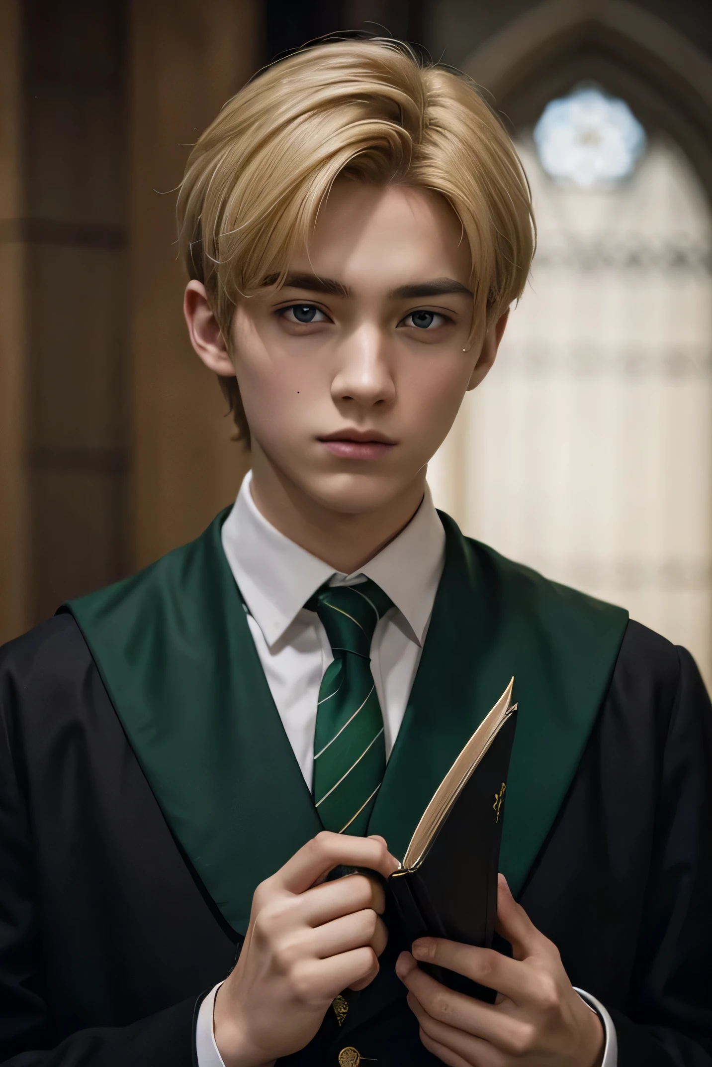 man from Hogwarts, wearing a Slytherin uniform, blonde short hair, brown eyes, 17 years old, attracrive, very dark vibe
