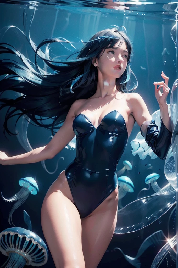 ((blue and navy color tone:1.3)) 1girl, solo,jellyfish filling up the ocean, millions of jellyfish, a girl swimming ((naked)) in the deep ocean surrounded by jellyfish, ((jellyfish)), deep black ocean,under the sea,(photorealistic:1.4), official art, unity 8k wallpaper, ultra detailed, beautiful and aesthetic, masterpiece,best quality, (dynamic angle:1.4), glowing skin, (floating colorful sparkles:1) the most beautiful form of chaos, elegant, a brutalist designed, vivid colours, romanticism, ultra wide angle,