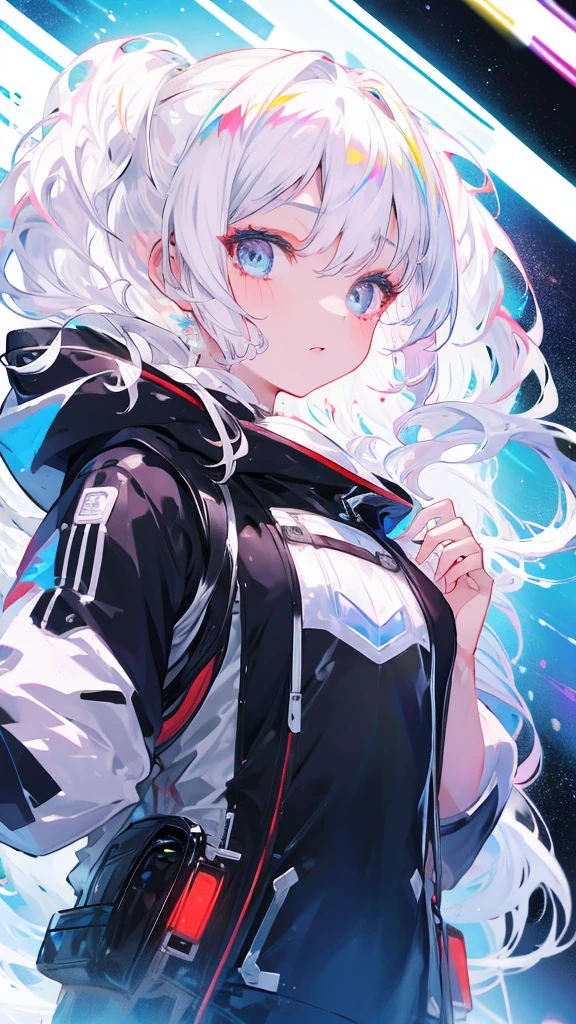 A girl,White hair, in the space, Behind a Black Hole,holds a tablet
