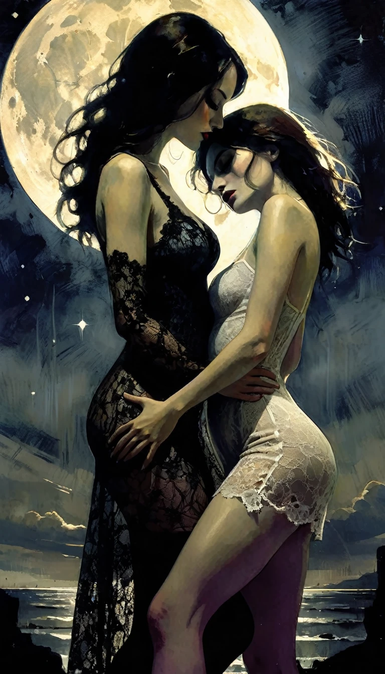 two girls, lesbianism, magic, ✨🤟😁🤗😍😆👍🙌✨👩👩👦👦sex sex sex ✨✨ ❗ 🙏😁❤ eroticism, sexy lace dress,fantastic, night sky, moon, stars, background, , eroticism, sexy, black and white image, between shadows, oil painting, chiaroscuro, sensual, dramatic lighting, moody atmosphere, photorealistic, intricate details, masterpiece, ultra-detailed, high quality, 8k, best quality, realistic, cinematic, dark and brooding, expressionistic, powerful composition, emotional impact, Bill Sienkiewicz inspired art