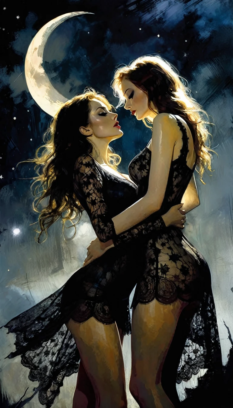 two girls, lesbianism, magic, โจ๐ค๐๐ค๐๐๐๐โจ๐ฉโ๐ฉโ๐ฆโ๐ฆsex sex sex โจโจ โ ๐๐โค eroticism, sexy lace dress,fantastic, night sky, moon, stars, background, , eroticism, sexy, black and white image, between shadows, oil painting, chiaroscuro, sensual, dramatic lighting, moody atmosphere, photorealistic, intricate details, masterpiece, ultra-detailed, high quality, 8k, best quality, realistic, cinematic, dark and brooding, expressionistic, powerful composition, emotional impact, Bill Sienkiewicz inspired art