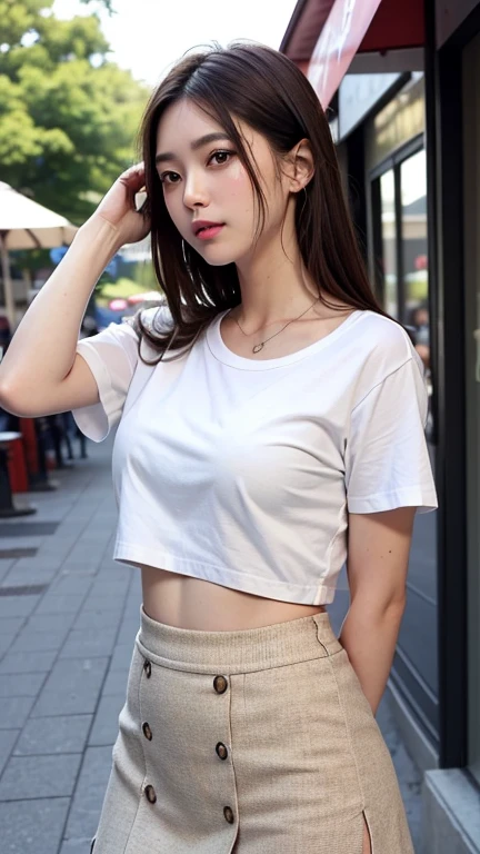 8k, artwork, Highest quality, Realistic, Very detailed, 1 girl, Realistic skin texture, ((垂れDownがった大きな胸:1.4)), (A loose white t-shirt),Down着無し、I can see my belly button、sexy, Her erect nipples are visible through the, Down , Micro Mini Slit Skirt, , Cinema Lighting, Face Focus, Narrow eyes, Facial details, Bright Face, Light of the sun, Outdoor cafe in the background, Low angle shot, Downからの眺め
#Create a great background for your scene. The woman is posing confidently, Exudes elegance and dignity. Add a playful touch to a sophisticated look. The rooftops are shining with the warm city lights, The presence of bright neon lights dotting the horizon、The atmosphere increases。.。. 画像はHighest qualityです, シャープなフォーカスとVery detailedな機能, Capturing every nuance of a woman'Facial expressions and surroundings. The overall effect is realistic and immersive, HDR rendering enhances rich colors and textures.