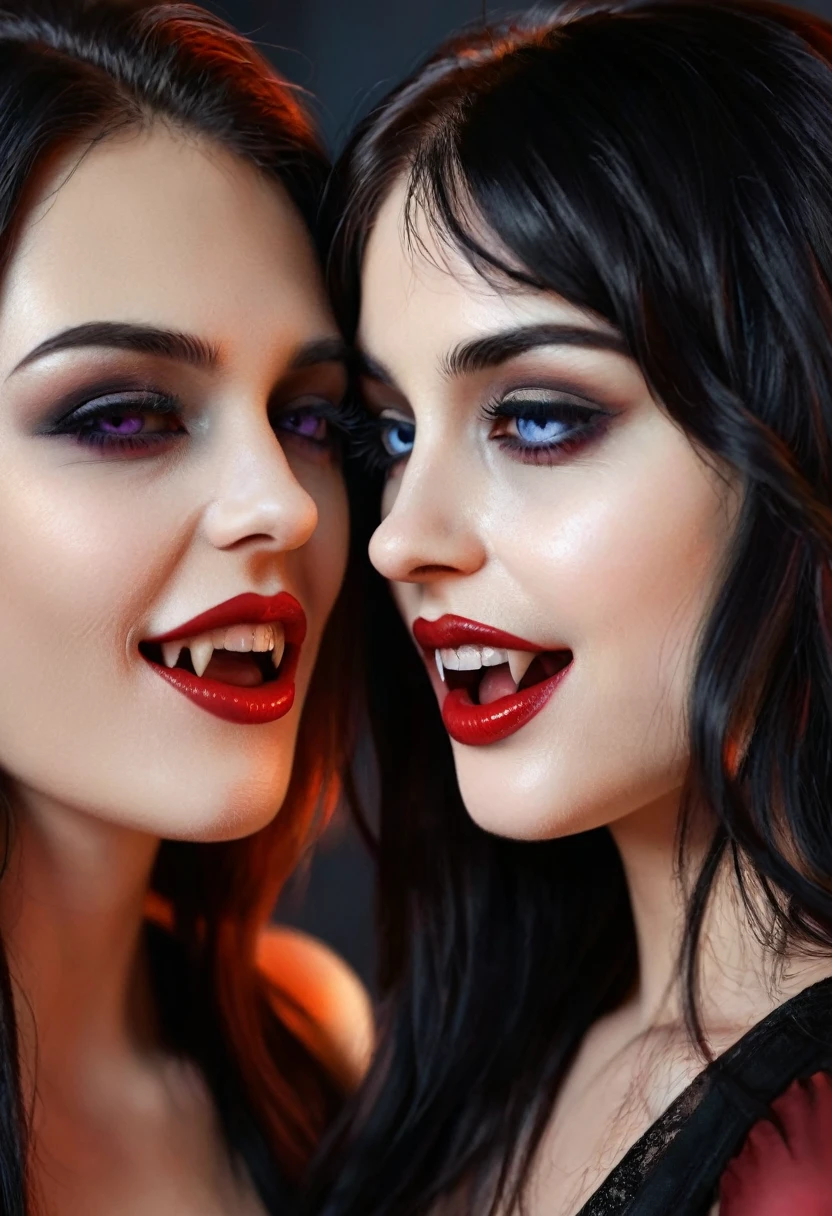 Two Beautiful Vampires girls lesbian. She smile. The two vampire women kiss on the mouth passionately. Their lips are touching and they face each other and she looks into her eyes. Photorealistic style.