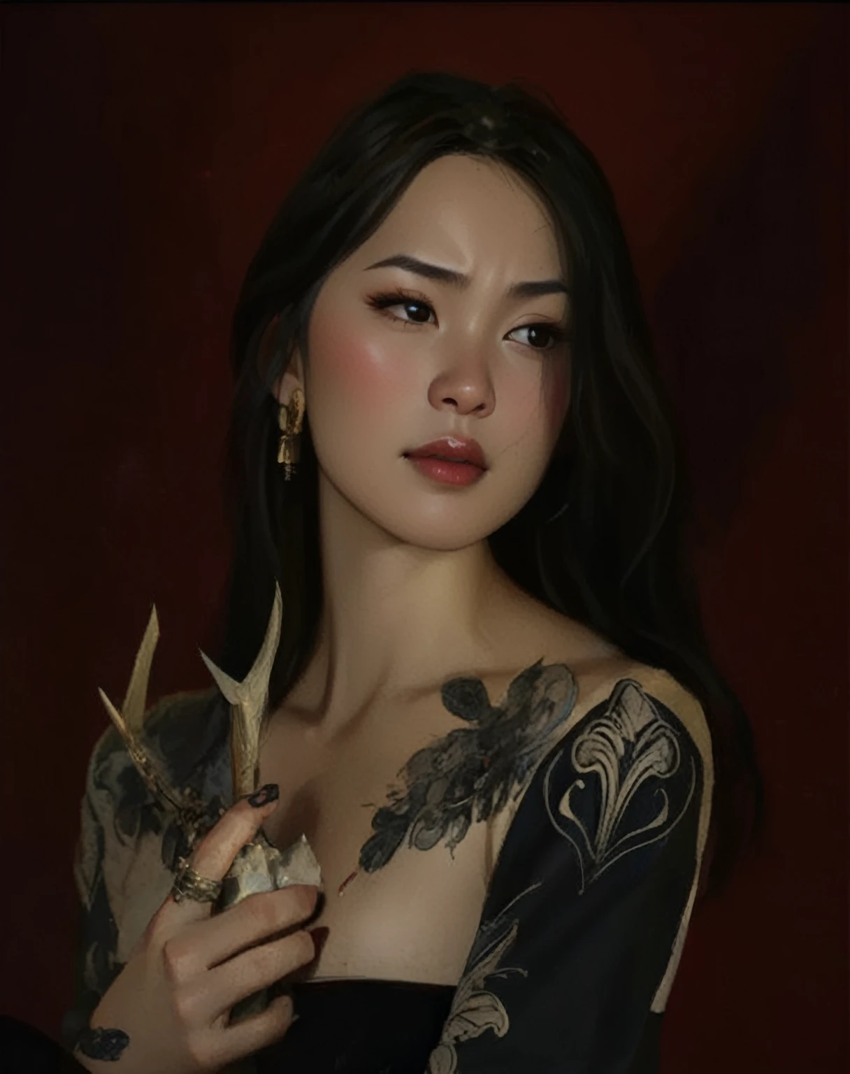 highly detailed photo of princess Mulan disney style, beautiful face, castle in background, cleavage, looking at viewer, highkey lighting, braids, realistic, serov, surikov, vasnetsov, repin, kramskoi, paint texture, low aperature, insanely detailed, charlie bowater, tom bagshaw, octane rendered, unreal engine, illustration, trending