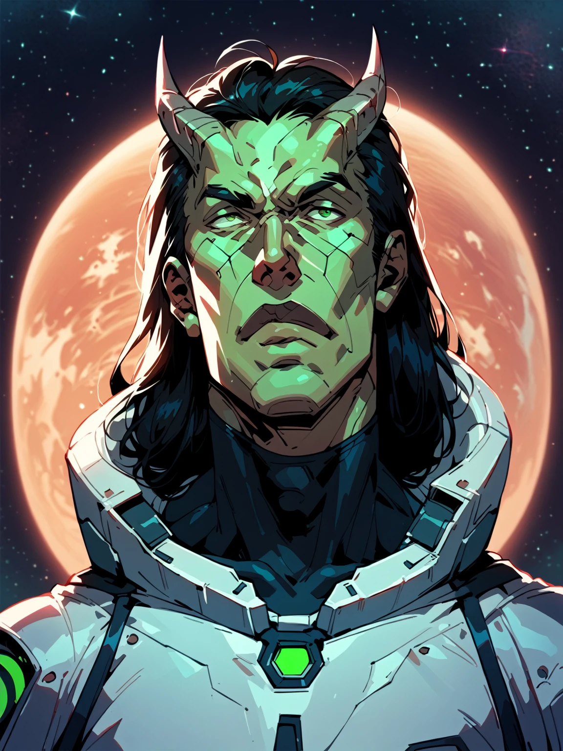 horns, one character, solo male, male, young male, sci fi, space, space clothes, long hair, black hair, green eyes, teal skin, cosmic, space suit, cosmic feature, futuristic space suit, relaxed face, innocente face, short face
