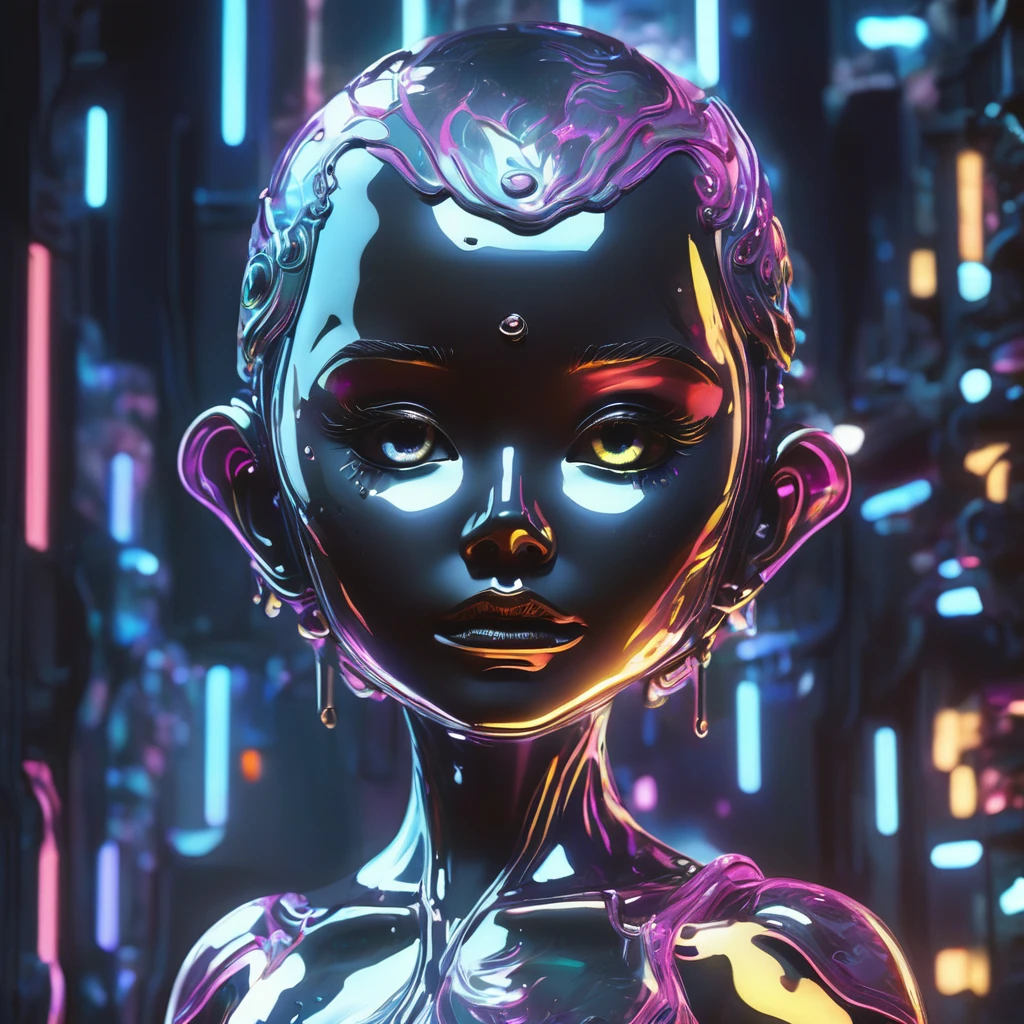  A metal slime that mimics a beautiful human woman.、Liquid Metal MONSTER、Detailed metal face、Beautiful metal eyes、Detailed metal lips、Beautifully detailed metal woman、(Liquefied liquid metal face:1.9)、Melting hair、Gorgeous futuristic dungeon environments、Shining neon lights、Very detailed、8k、Photorealistic、Dramatic lighting、Cinematic composition、Bright colors、Dark and gloomy atmosphere、Techno-Organic、sf、cyber punk