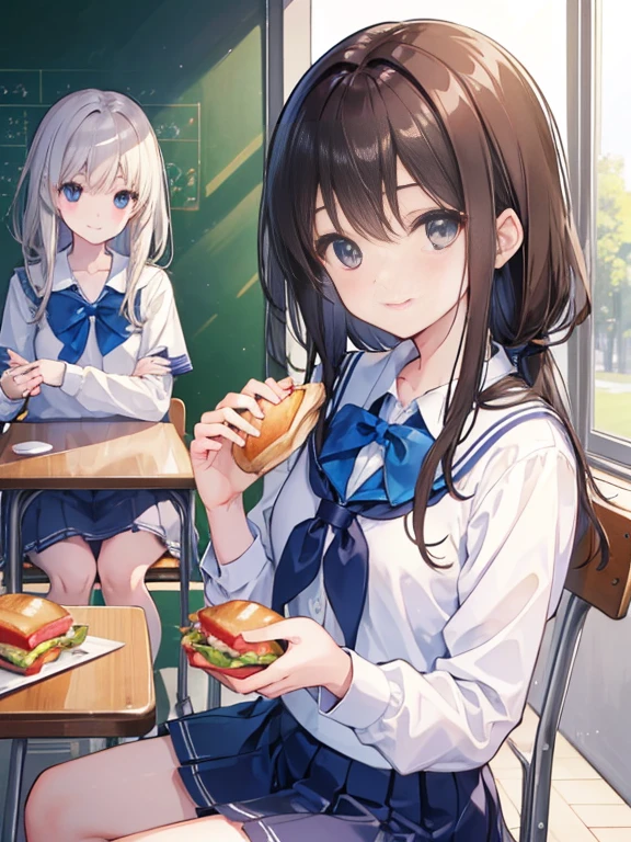 (8k, Highest quality, masterpiece, Ultra-high resolution: 1.2),(Shining Eyes、Beautiful face in every detail),School classroom,(Two high school girls) ,Friends laugh together（The best smile）、(uniform、mini skirt),(sitting at a table eating a hot sandwich)、(Whole body image),peaceful daily life,Fun atmosphere、Beautiful Anime、One has brown hair、The second one has white hair、Both smiling