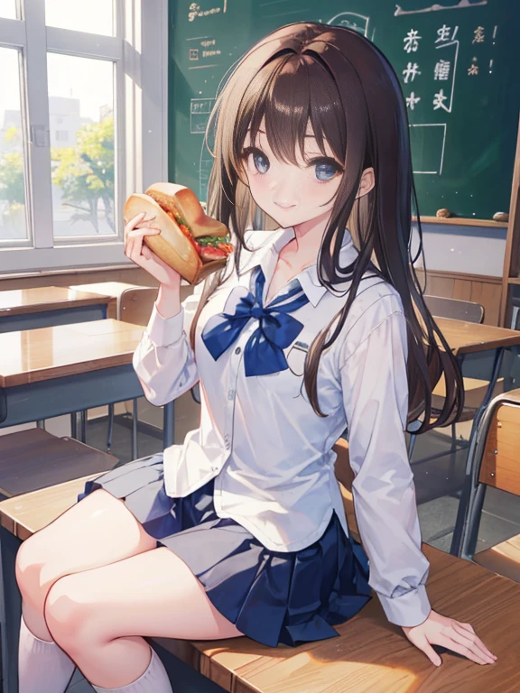 (8k, Highest quality, masterpiece, Ultra-high resolution: 1.2),(Shining Eyes、Beautiful face in every detail),School classroom,(Two high school girls) ,Friends laugh together（The best smile）、(uniform、mini skirt),(sitting at a table eating a hot sandwich)、(Whole body image),peaceful daily life,Fun atmosphere、Beautiful Anime、One has brown hair、The second one has white hair、Both smiling