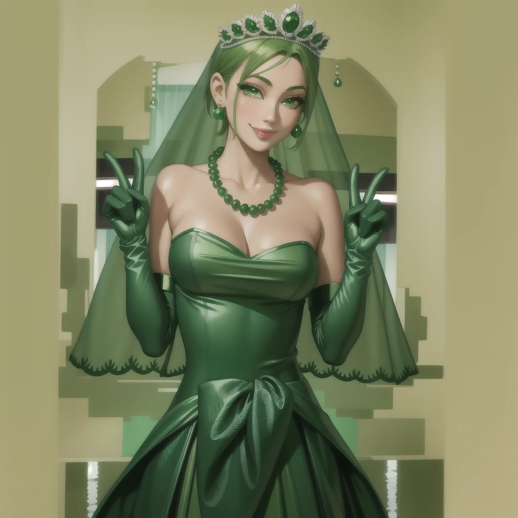 Emerald tiara, Green Pearl Necklace, ボーイッシュな非常に短いGreen Hair, Green Lips, Smiling Japanese woman, Very short hair, Busty beautiful lady, Green Eyes, Green satin long gloves, Green Eyes, Emerald Earrings, Green veil, all, Green Hair, Beautiful Japanese Women, green lip gloss