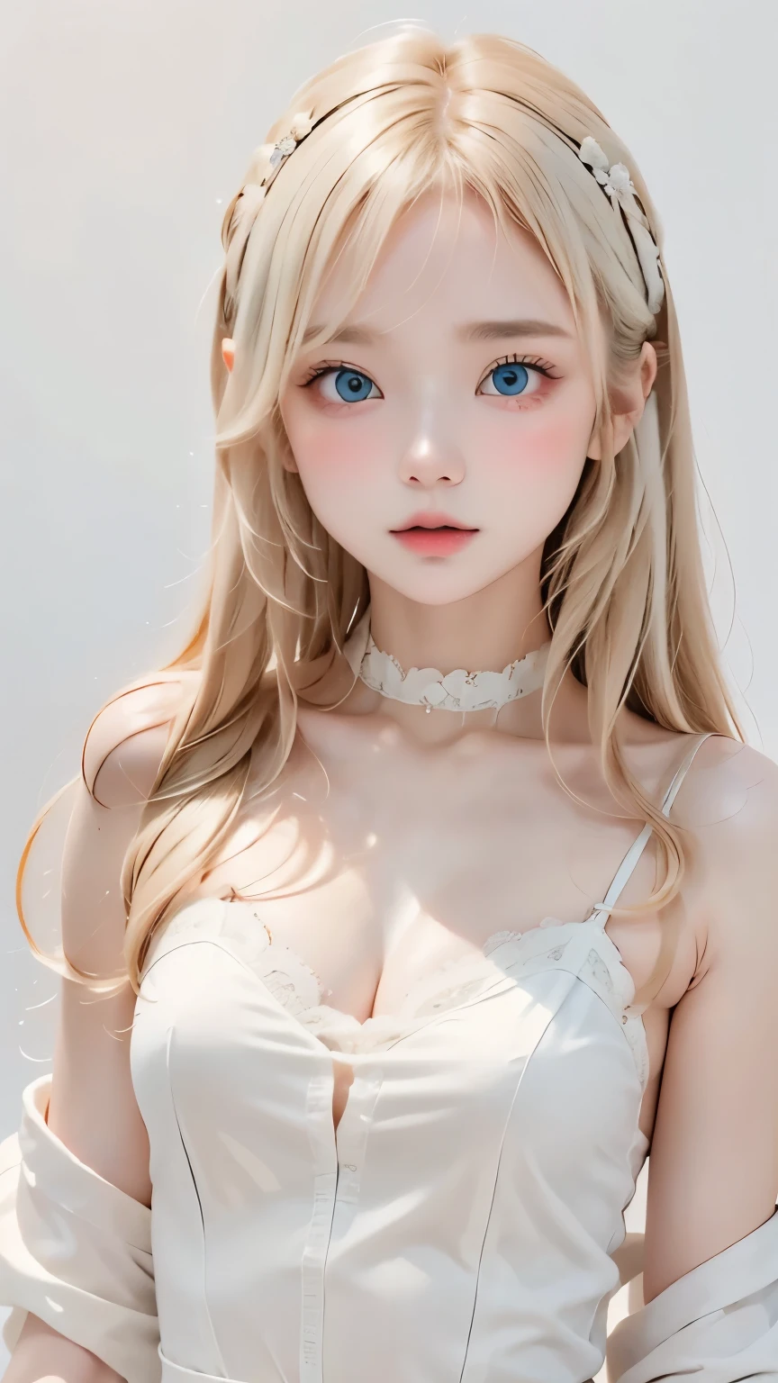 Highest quality、masterpiece、超High resolution、8k、Portrait、Film Grain、(((White Background:1.3)))、Upper body angle、(((1 albino girl、Cute Face、pretty girl))), ,(((The eyes are white:1.3)))、White Dress、((White shirt:1.3、White Block Dress)), Tyndall effect, Realistic, Shadow Studio,ultramarine、illumination, Dual tone illumination, (Skin with attention to detail: 1.2)、薄Dark illumination、Dark illumination、 photograph, High resolution, 4K, 8k, Background Blur,Beautiful fade out、White world、White Background