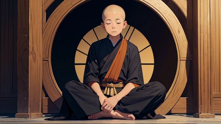 A cute monk boy sitting in meditation position, front view and full body, no other background image, dark tunic covering the entire corm.