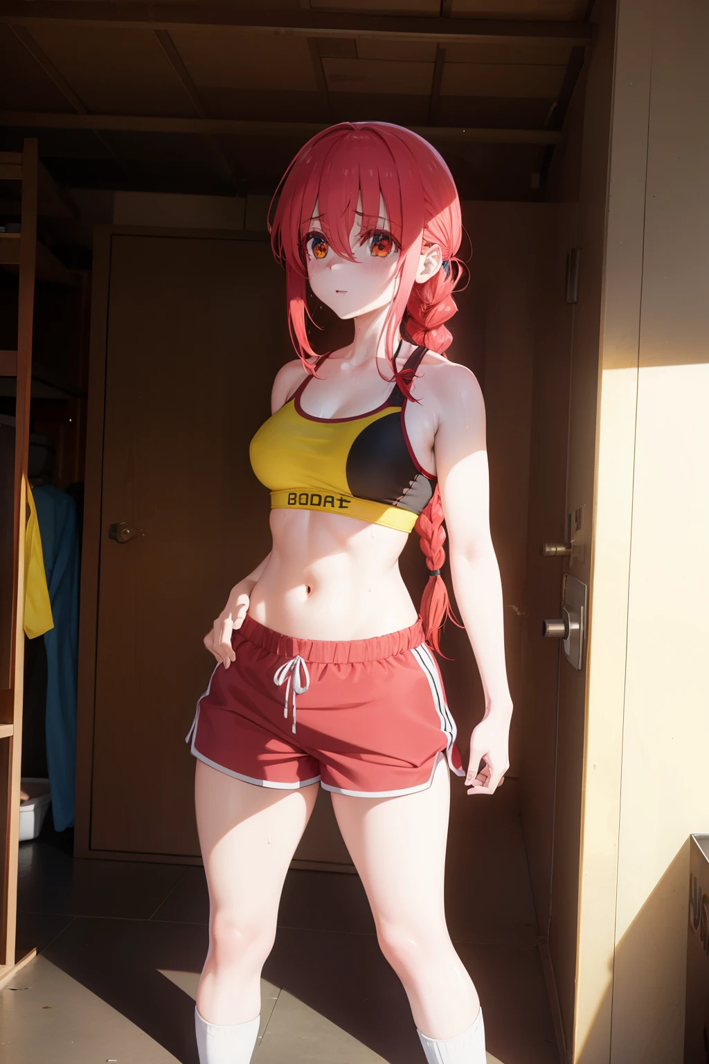 Makima , 1girl , anime , masterpiece , red color hair braid , yelow eyes ,menacing , sweat , sport bra , medium breasts , dolphin shorts , long socks , sexy , bodybuilding gym . Standing .