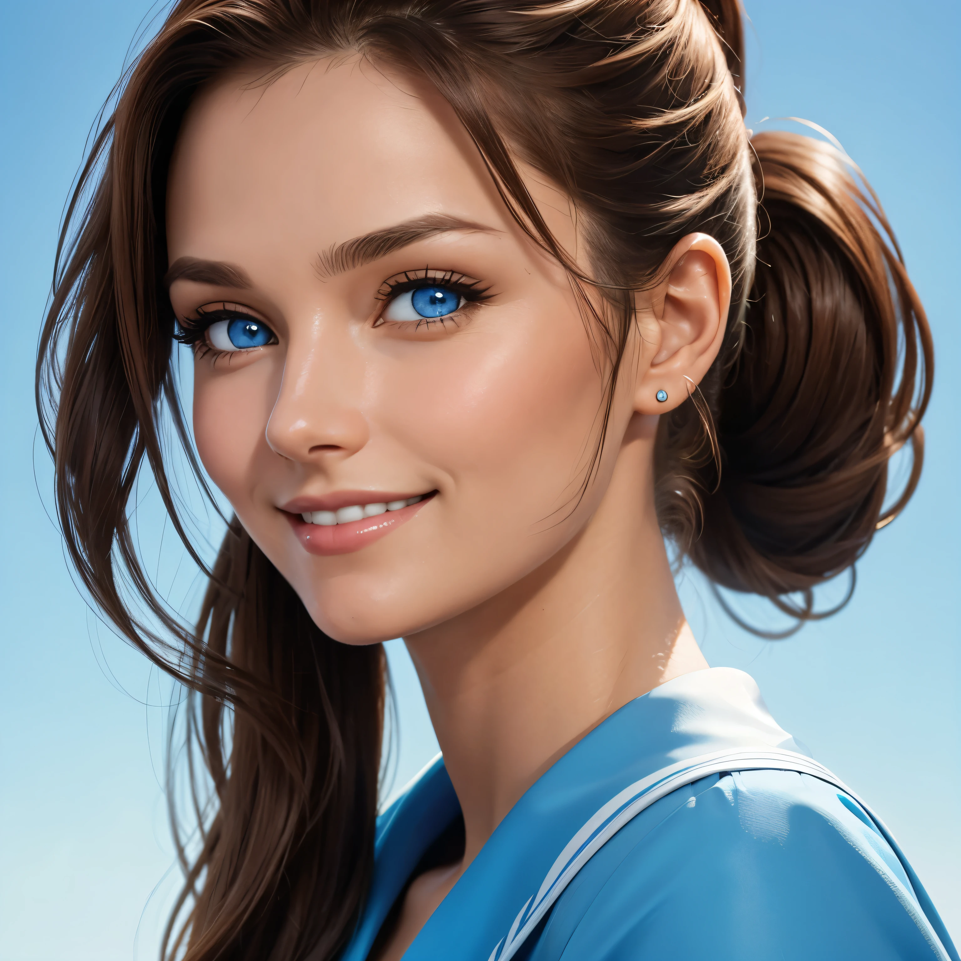 Woman, Brown Hair, Ponytail, Crystal Blue Eyes, Close Up Portrait, Coy Smile
