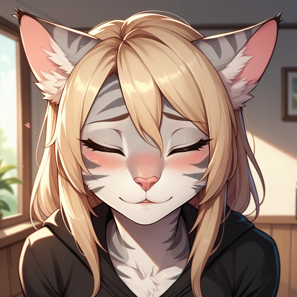 score_9,score_8_up,score_7_up, score_6_up, score_5_up,source_anime, Kat, Anthro furry feline, silver fur, grey stripes on body, blonde hair, pink nose, :3, 1girl,solo, pov kiss, closed eyes, facing viewer, pov, pov viewer is kissing her, close up, blushing,