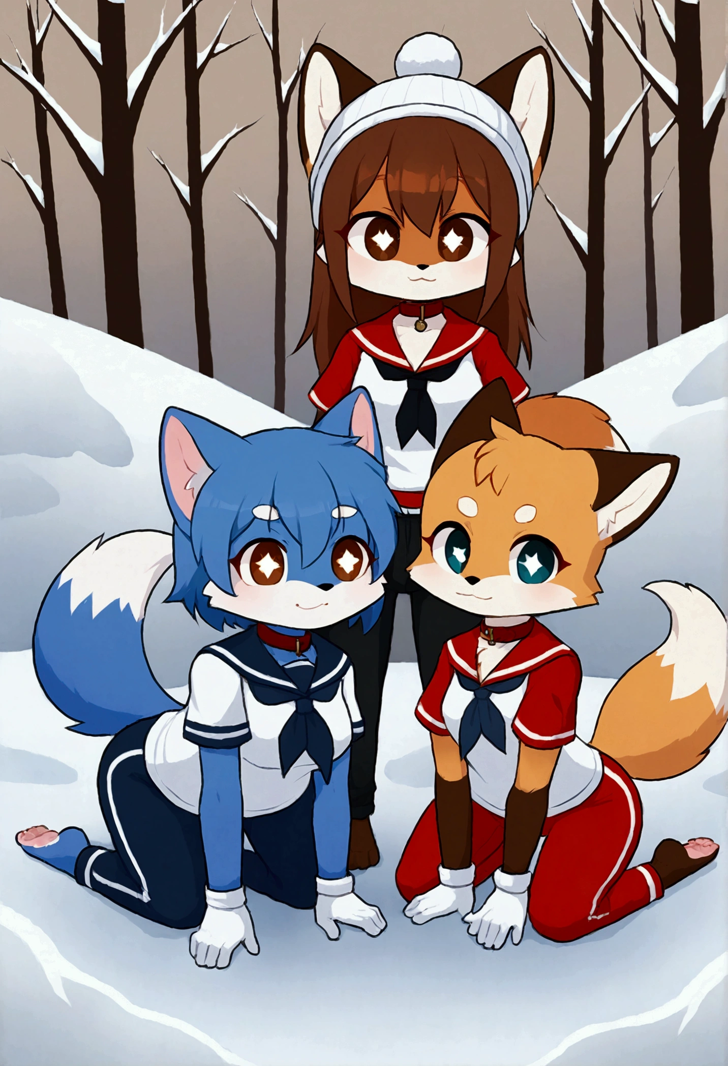 3girls, fox and tanuki, furry, bodyfur, tail, collar, sailor suit, short sleeves, jersey pants, long pants, white gloves, snow gloves, barefeet, chibi, sparkling eyes, full body, snow, all fours