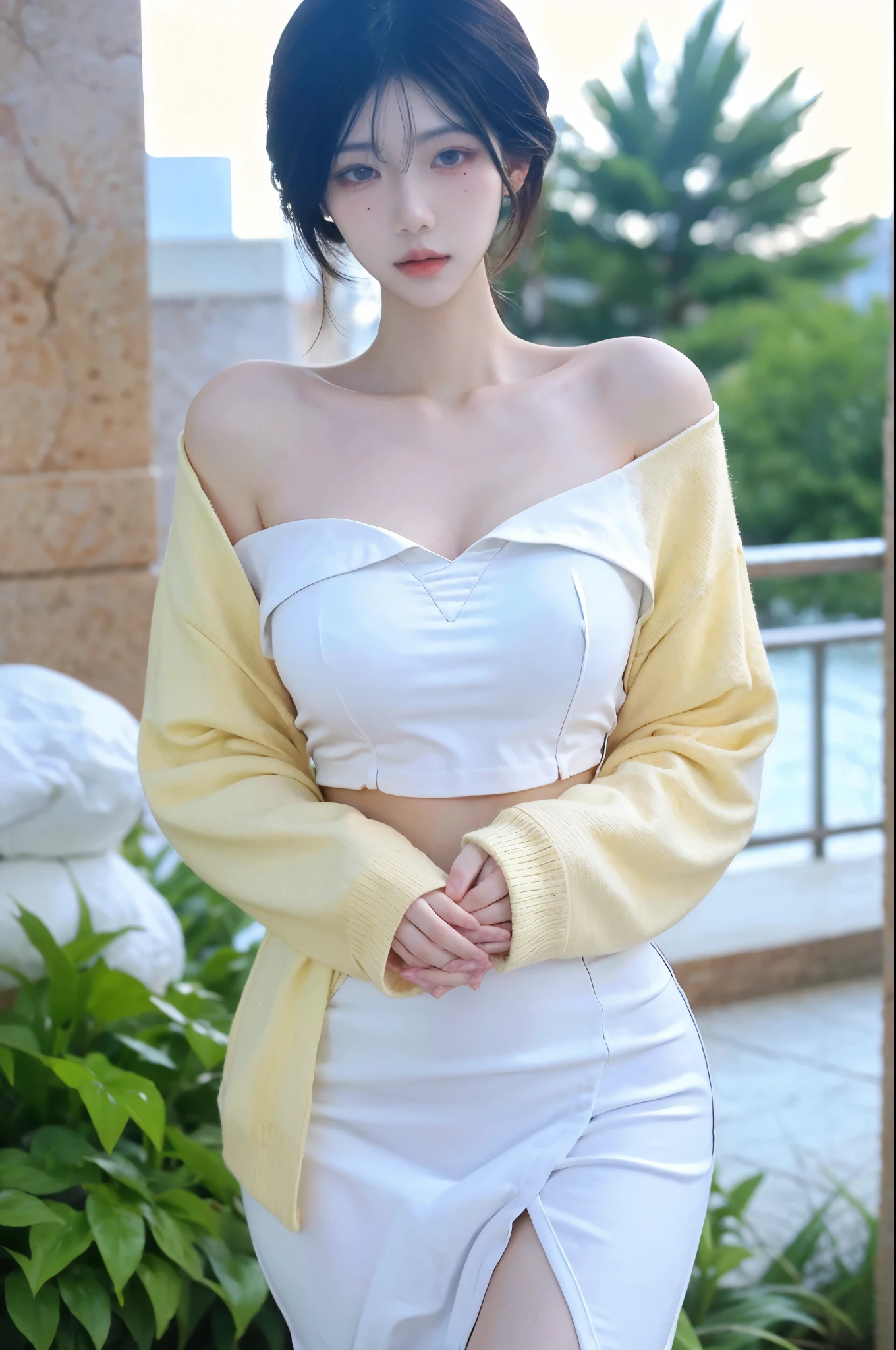 Beautiful woman with perfect figure:1.4，snow，Touching butt with both hands，snow背景，Layered Hairstyle，White skin，Prominent cleavage，Pleated Skirt，whole body，Very delicate face and skin texture，Double eyelids，Skin Whitening，Long white hair