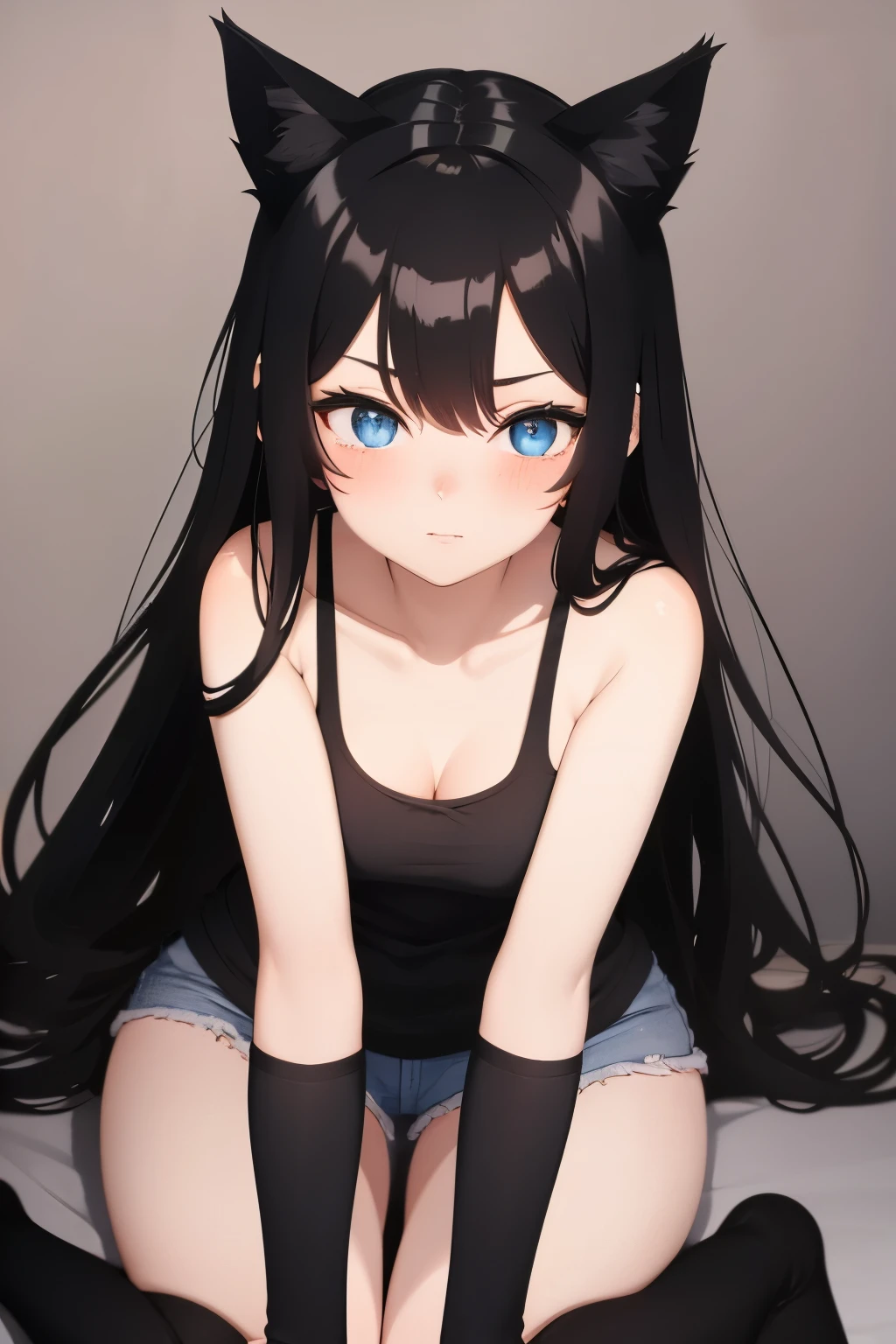 black haired girl, black cat ears, blushed face, hands on face, blue eyes, white tank top, jean shorts, long socks