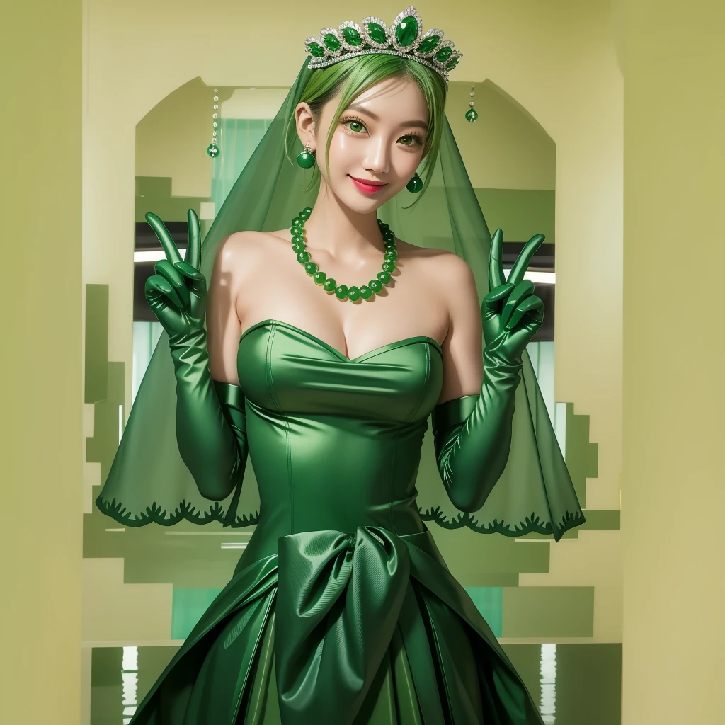 Emerald tiara, Green Pearl Necklace, ボーイッシュな非常に短いGreen Hair, Green Lips, Smiling Japanese woman, Very short hair, Busty beautiful lady, Green Eyes, Green satin long gloves, Green Eyes, Emerald Earrings, Green veil, all, Green Hair, Beautiful Japanese Women, green lip gloss