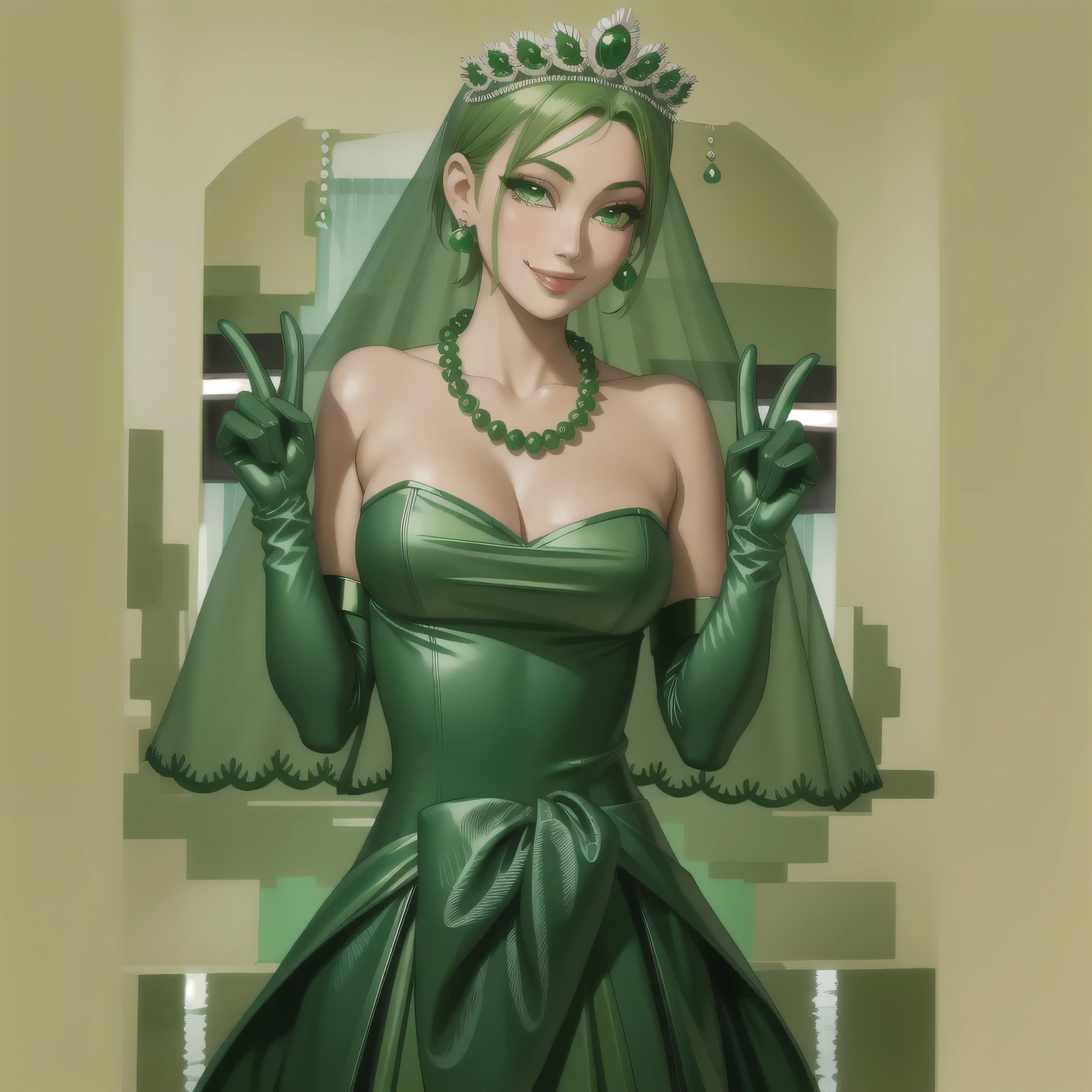 Emerald tiara, Green Pearl Necklace, Boyish very short green hair, Green Lips, Smiling Japanese woman, Very short hair, Busty beautiful lady, Green Eyes, Green satin long gloves, Green Eyes, Emerald Earrings, Green veil, all, Green Hair, Beautiful Japanese Women, green lip gloss