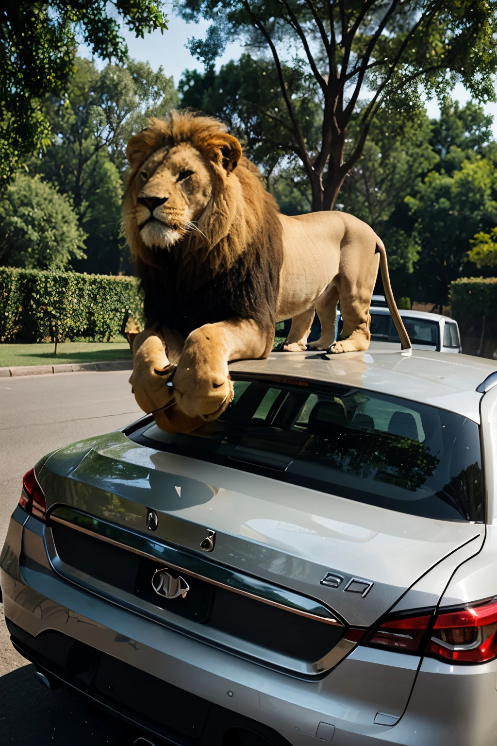 Believe me a logo of a lion accommodating a car
