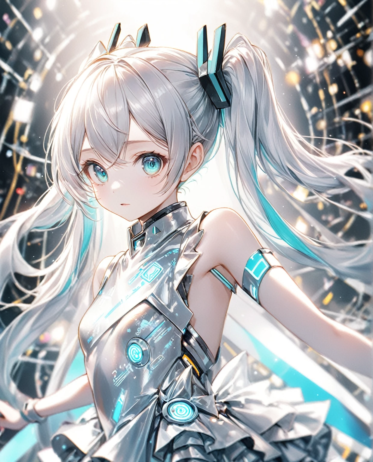 (Highest quality,8k,32K,masterpiece,Ultra-high resolution :1.2 ),born,One girl,Super cute,Natural light,Clear, shining eyes,20-year-old,Fair skin,Electronic world fantasy background,Silver hair,Silver costume like Hatsune Miku,
