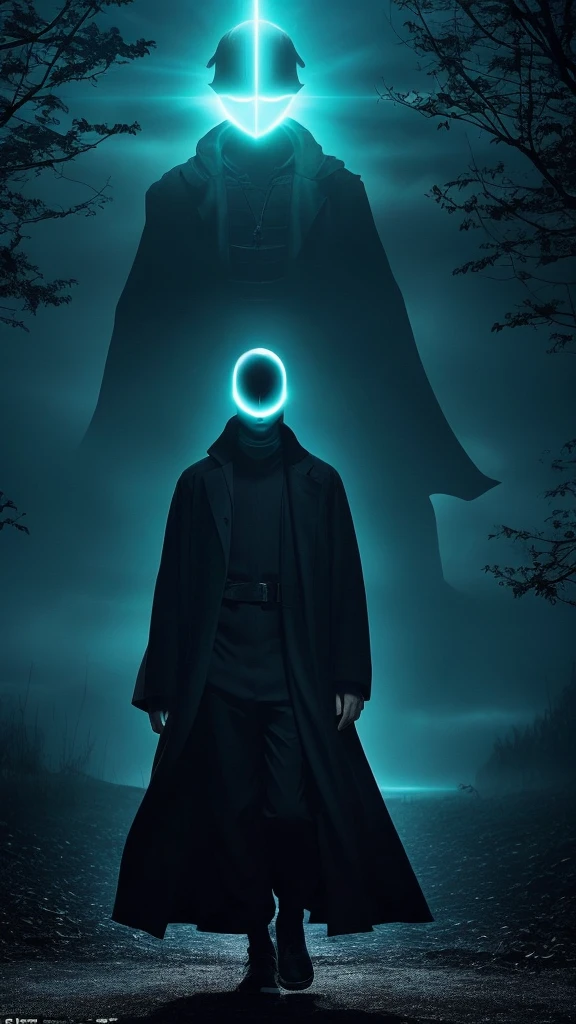 Just an evil monster in the picture,turned sideways, looking straight ahead, her eyes are glowing, he has no face, It is only possible to see the outline of your body, and nothing else, with a dark and mysterious appearance, in the boy and the scenery 