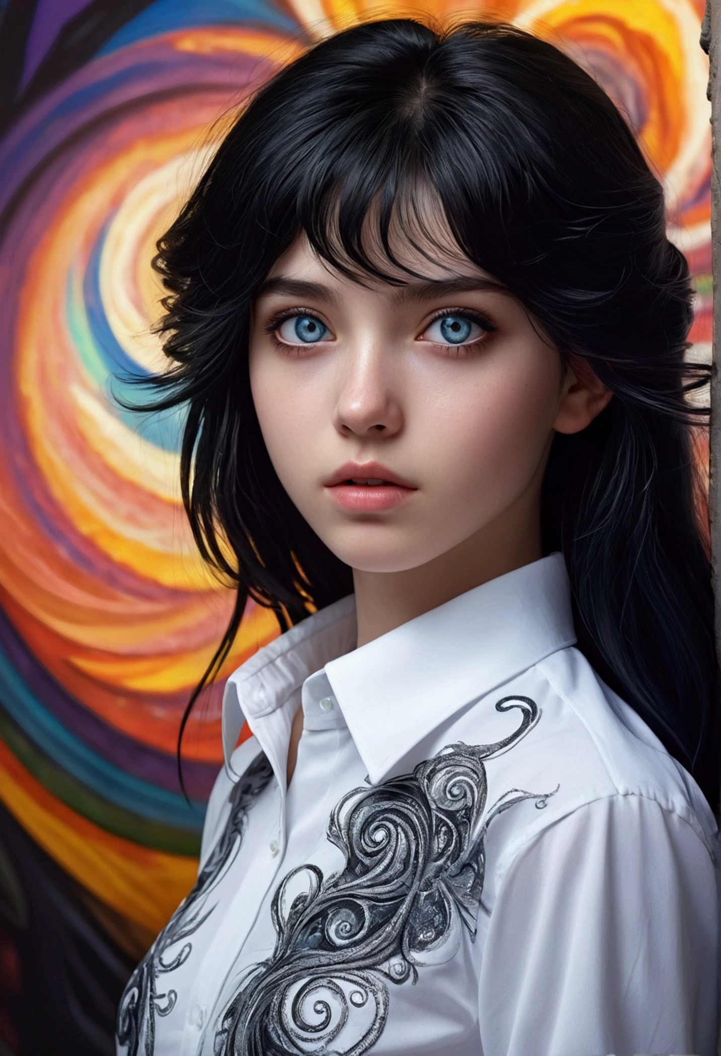 A 17 year old with white jelly skin, eye white, white and black hair , wearing a white shirt, black pants, Fantasyart, face detailed, extremely detailed eyes, high qualiy, 8k, photorrealistic, cinematic lighting, swirly vibrant colors, shining skin, surreal, digitl art