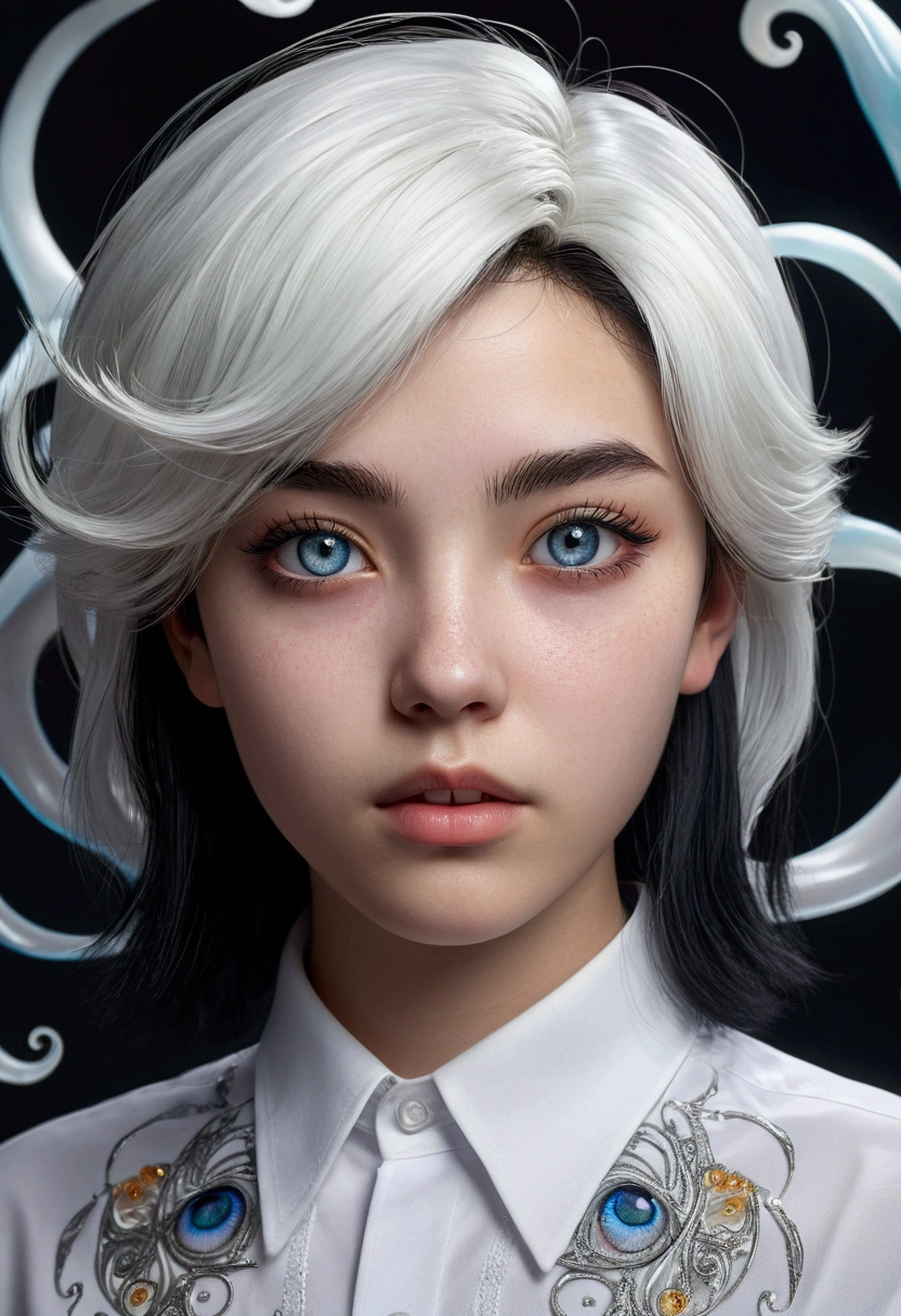 A  with white jelly skin, eye white, white and black hair , wearing a white shirt, black pants, Fantasyart, face detailed, extremely detailed  eyes, high qualiy, 8k, photorrealistic, cinematic lighting, swirly vibrant colors, shining skin, surreal, digitl art