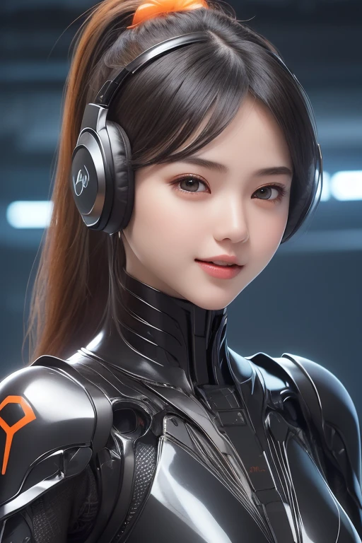 Top Quality, Masterpiece, Ultra High Resolution, (Photorealistic: 1.4), Raw Photo, 1 Girl, Black Hair, Glossy Skin, 1 Mechanical Girl, (((Ultra Realistic Details)), Portrait, Global Illumination, Shadows, Octane Rendering, 8K, Ultra Sharp, Intricate Ornaments Details, realistic skin, sweat effect, ((wearing Headphone)), very intricate detail, realistic light, CGSoation trend, brown eyes, glowing eyes, matte black and glossy orange mechanical bodysuit, Long hair, black hair, Ponytail hair, Half body shot, spaceship bridge background, dynamic pose, cute smile, close up, Open Mouth, facing audience