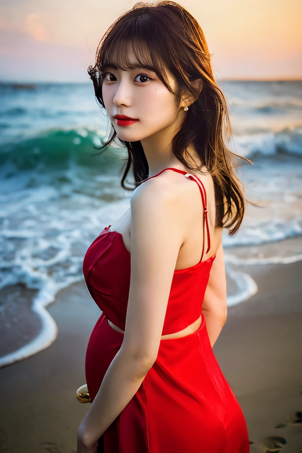 a pregnant korean woman on the beach,medium hair black bangs,red wedding dress,short knee length form fitting sexy dress,hourglass figure,full body view,highly detailed,photorealistic,4k,realistic lighting,cinematic,dramatic lighting,vivid colors,beautiful detailed eyes,beautiful detailed lips,extremely detailed face,long eyelashes,warm color palette,ocean view,sand,waves,golden hour