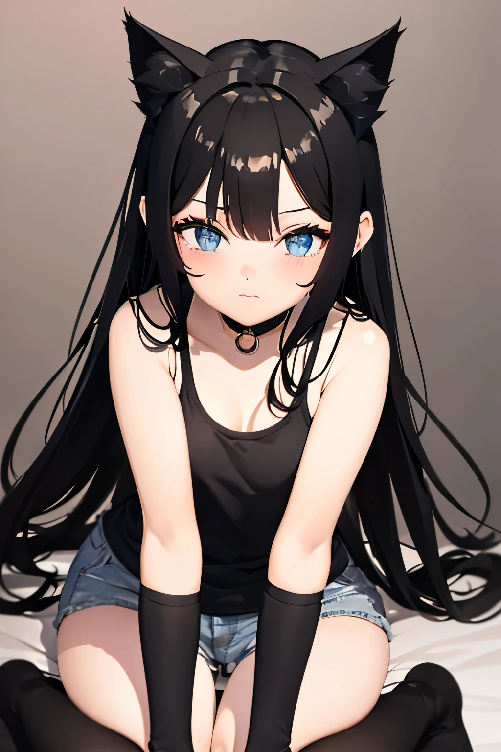 black haired girl, black cat ears, blushed face, hands on face, blue eyes, white tank top, jean shorts, long socks