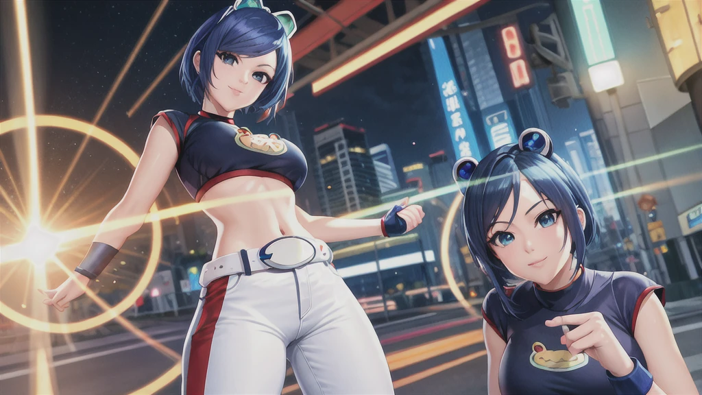 (at night), in a video game scene, a background of a beautiful city during the day raining, standing at attention, semi-short blue hair, blouse with an anime frog face, white flared pants, wearing blue fingerless exercise gloves, has round goggles on her head, huge belt with a round eyeglass, ((blue hair)), 1 girl, alone, 20 years old, young woman, perfect hands, beautiful fingers, beautiful long legs, beautiful body, beautiful nose, beautiful design of characters, perfect face, looking at the viewer with serious gesture (focusing on his face), closed mouth, Light_Smile, official art, extremely detailed CG unity 8k wallpaper, perfect lighting, bright and colorful front lighting, glowing skin (masterpiece : 1.0), (best_quality: 1.0), ultra high resolution, 4K, ultra detailed photography, 8K, HDR, high resolution, nonsense:1.2, Kodak portra 400, film grain, background blur, bokeh:1.2, lens flare, (vibrant_color:1.2), professional photography, (beautiful_face: 1.5), (narrow waist),
