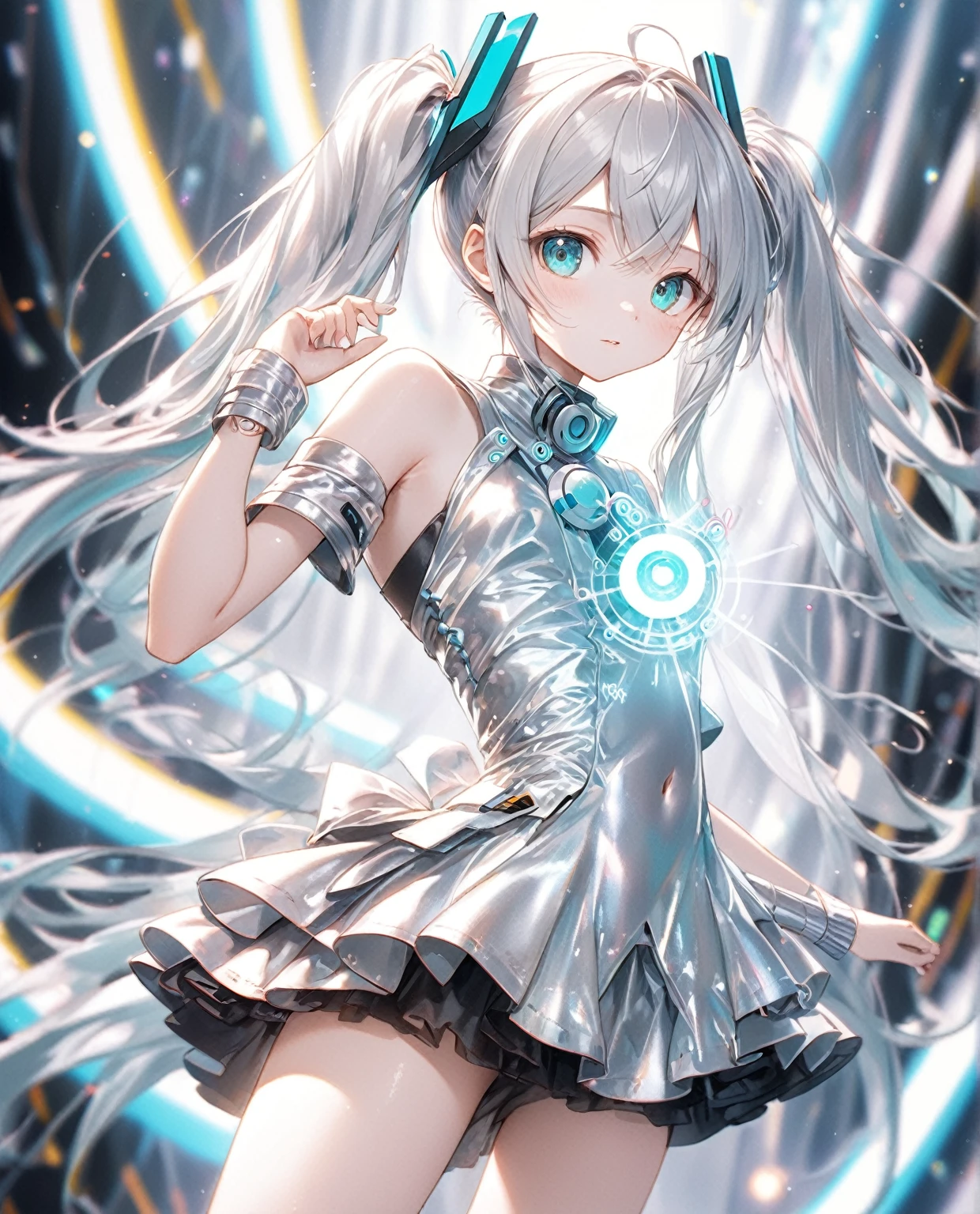 (Highest quality,8k,32K,masterpiece,Ultra-high resolution :1.2 ),born,One girl,Super cute,Natural light,Clear, shining eyes,20-year-old,Fair skin,Electronic world fantasy background,Silver hair,Silver costume like Hatsune Miku,