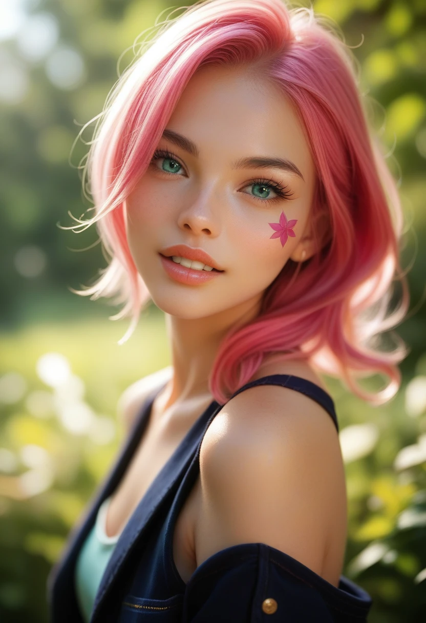 1 girl, bare shoulders, Beautifull, by rubio, blue eyes, blurred, blurred background, Closed mouth, dappled sunlight, penteeth, face tattoo, parts, green eyes, jacket, jewelry, Lips, by the wide, looking at the viewer, parted Lips, pink hair, Horse tail, portrait, realist, shirt, short sleeves, Alone, teeth