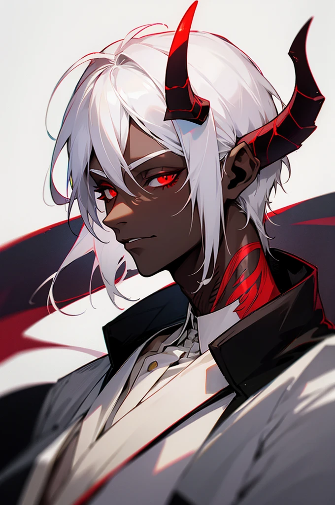 1male, white hair, dark skin, red eyes, neck tattoos, Demon horns