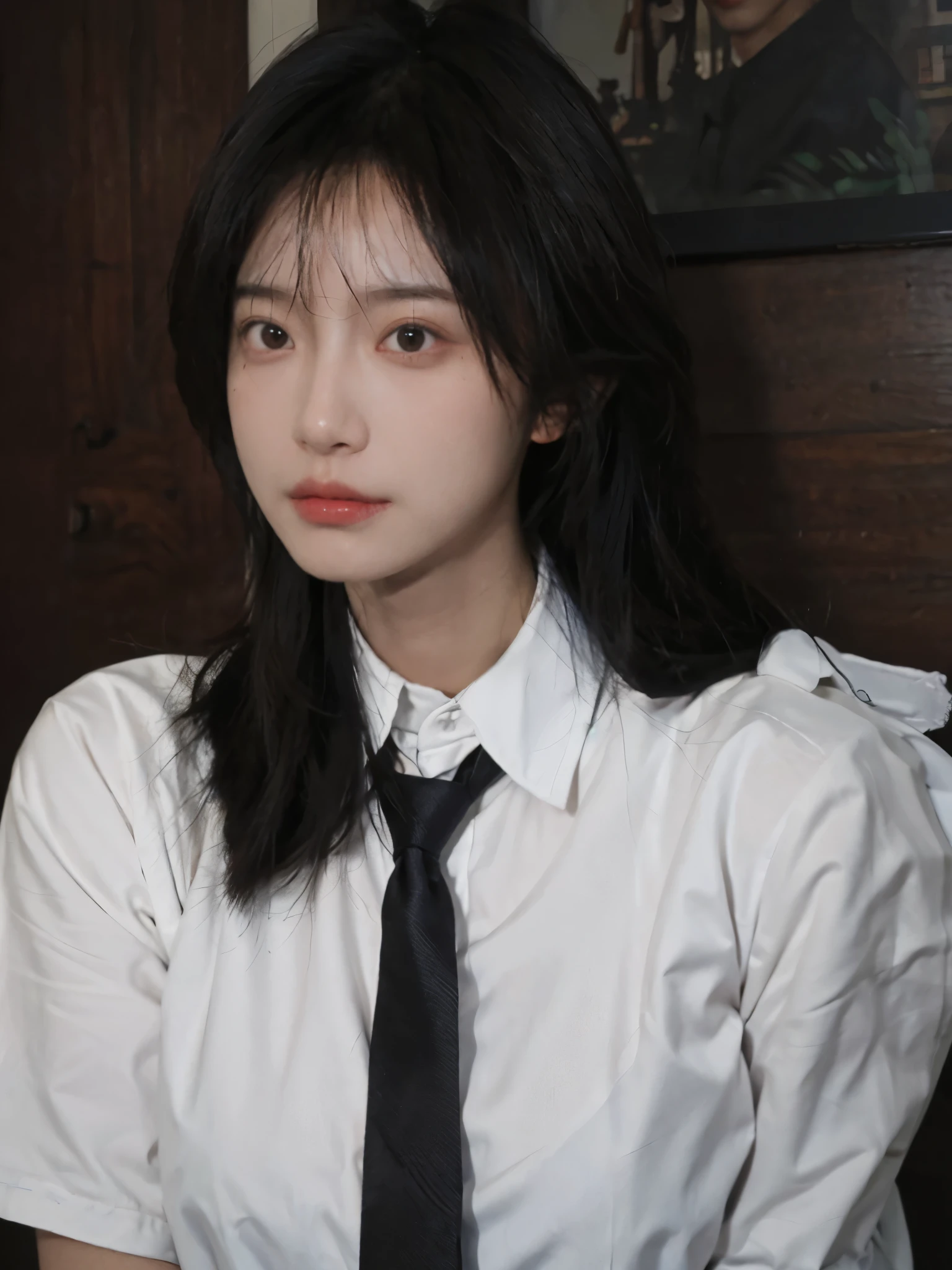 Best quality,masterpiece,ultra high res,(photorealistic:1.4),1girl,sexy,(shirt and tie:1.2),(bra:1.2),(large breast:1.3),(upper body:1.4)