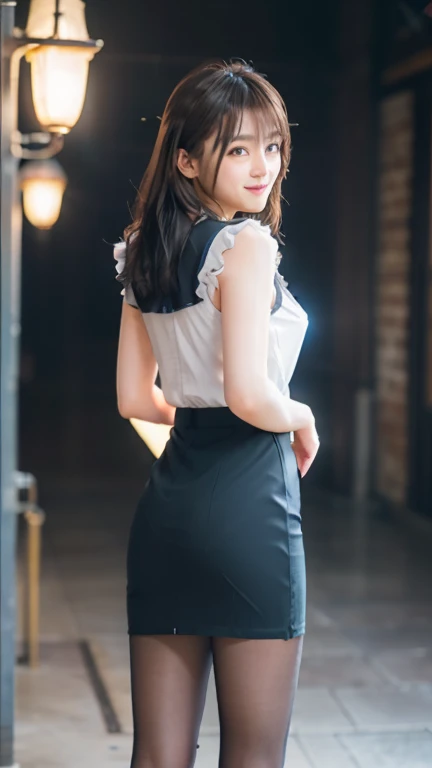 (8k, Highest quality, RAW Photoasterpiece: 1.2), Very detailed, Highest quality, Ultra-high resolution, Professional Lighting, Photon Mapping, Radio City, Physically Based Rendering, Cinema Lighting, Written boundary depth, I focus,1 female,24-years-old、 (Full Body Shot), ((OL Uniform、ミニskirt、pantyhose))((suit、skirt、pantyhose))((pantyhose))(Looking at the audience:1.3) Very slim, Medium chest, (((Pulling on clothes, Dress Tags, Wind, Wind lift:1.12)))、((return)), ((From behind))(Buckshot), cute, White skin、Looking at the audience, A light smile,alone, Captivating smile, Wide opening, Professional Lighting, Sony a7R4, Zesse 50mm F1.8, Medium chest,Narrow and beautiful eyes,