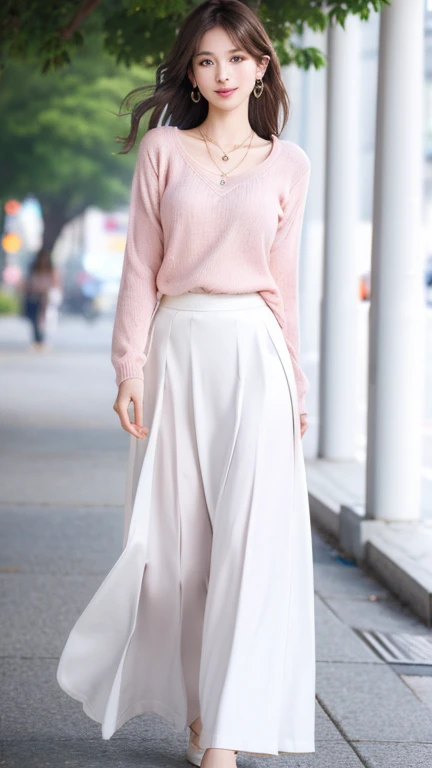 (Highest quality、 8k 、masterpiece、High resolution)、Young lovely woman、Ample breasts、Smooth and unnoticeable collarbone、Slender beauty、(Brown hair medium、My hair is blowing in the wind、Flows backwards)、Full Body Shot、 (Beautiful Face,Beautiful Eyes,Beautiful nose,Pretty lips)、(Stephanie hoove earrings、silver heart necklace)、((Official Casual、knit、shirt、slacks、skirt、Black or white、Finish with basic colors such as pink))、Has an official bag、Her mouth opens slightly and a smile appears.、Nice pose、Building district、office Street、looking at the camera、Professional Lighting、Professional photographer、Detailed CG、