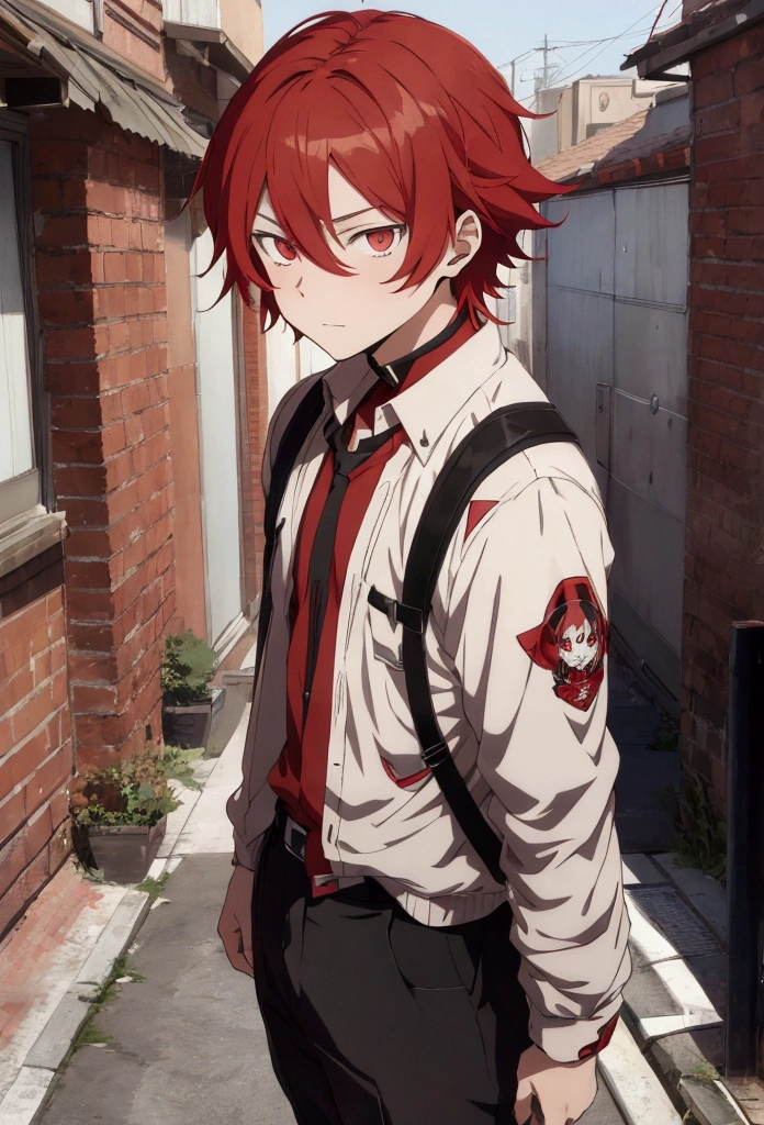 A 16-year-old anime boy with carmine red hair in the style of the bungou stray dogs anime