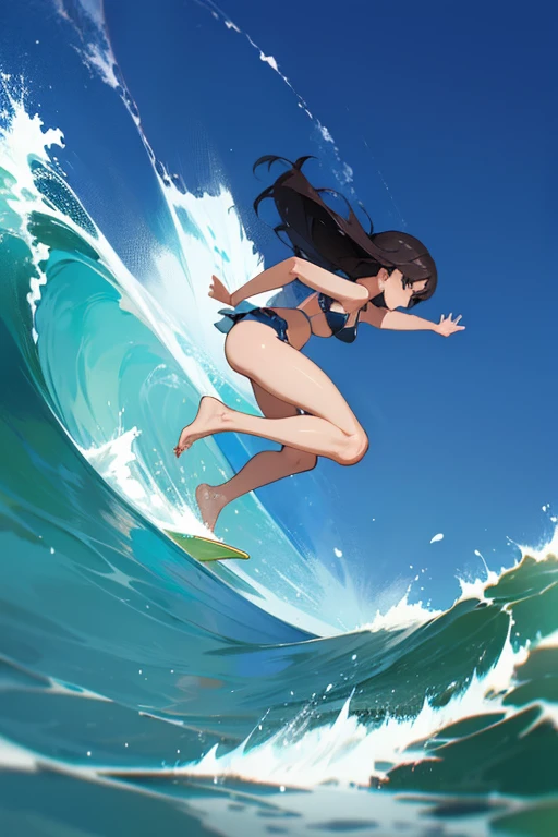 Ultra-realism, Attractive bikini figure, surfing, moving composition, Full Body Shot, ARW