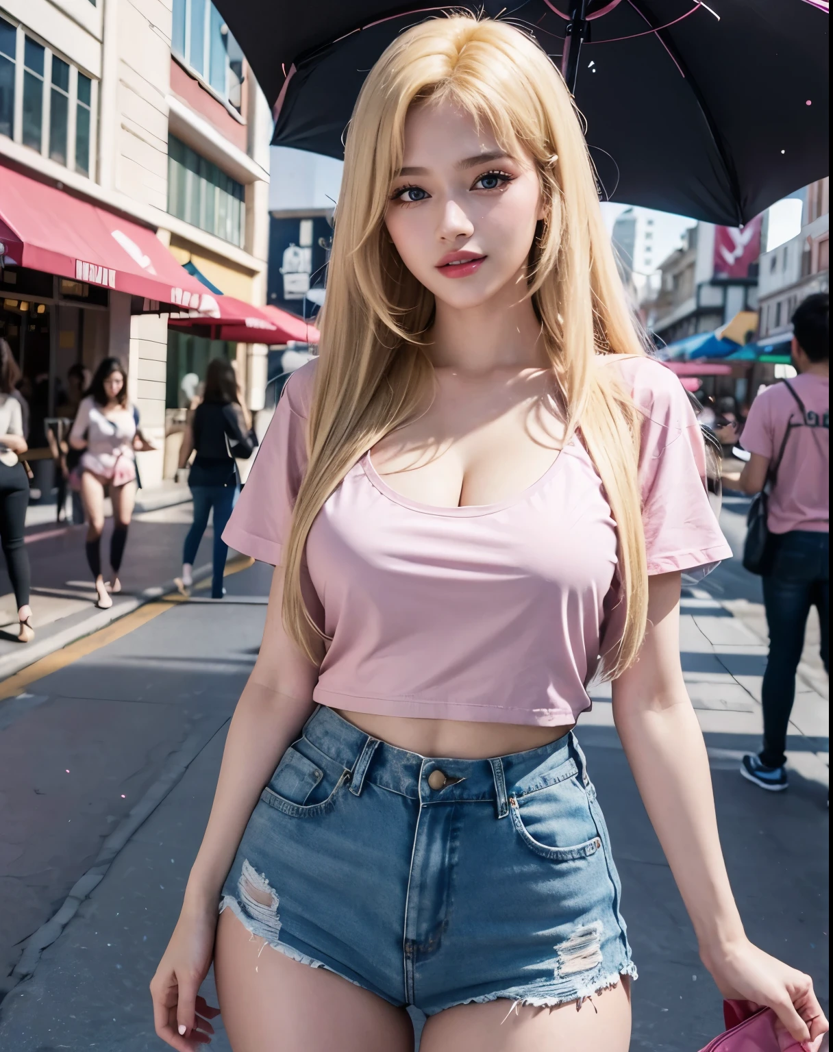 1girl, (Blue Eyes), (smiling :1.2), (Sana Minatozaki), (pink makeup with glitter :1.2), wide hips, (big tits), (big ass), thin waist, thick thighs, toned legs, muscle, (Best Quality, 8k, Masterpiece: 1.3), Clear Focus: 1.2, Perfect Body Beauty: 1.4, strong abs, Highly detailed face and skin texture, detailed eyes, double eyelids, red lips, (blonde long straight hair :1.4), (cleavage hot pink t-shirt :1.3), jeans, standing, (close-up of the face :1.2), on the streets of Los Angeles