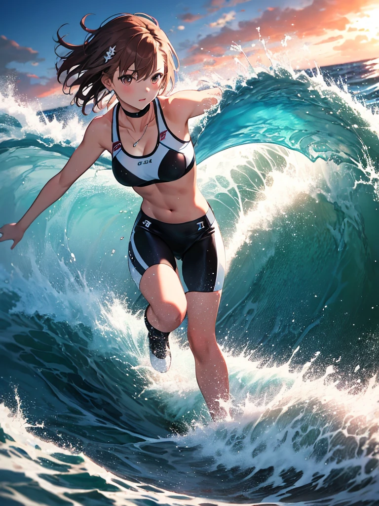Female surfer riding a wave in the ocean early in the morning, Surfing:1.5, Misaka Mikoto, One girl, Black choker, 超High resolution, retina, masterpiece, Accurate, Anatomically correct, Textured skin, Super Detail, Attention to detail, high quality, 最high quality, High resolution, 4K
