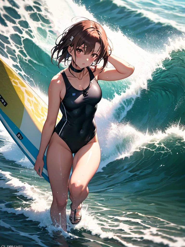 Female surfer riding a wave in the ocean early in the morning, Surfing:1.5, Misaka Mikoto, One girl, Black choker, 超High resolution, retina, masterpiece, Accurate, Anatomically correct, Textured skin, Super Detail, Attention to detail, high quality, 最high quality, High resolution, 4K