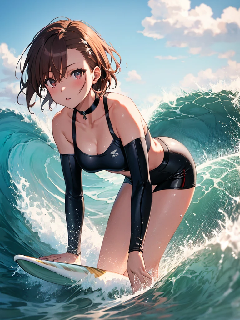 Female surfer riding a wave in the ocean early in the morning, Surfing:1.5, Misaka Mikoto, One girl, Black choker, 超High resolution, retina, masterpiece, Accurate, Anatomically correct, Textured skin, Super Detail, Attention to detail, high quality, 最high quality, High resolution, 4K