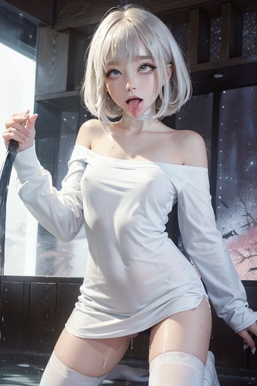 high quality, detailed,a girl with white water drops on her face.she is taking a shower,lots of white water droplets.(at night:2.0),green eyes.she is  japanese bitch gal,prostitute,she has a mole under her eye,(smallest breasts),(wearing long sleeve white oversized t-shirt dress,off　shoulder,(very very wet thin fabric shirt)),blunt bangs,((bob hair,very wet hair and wet face,shiny face)),((wearing overknee socks)),slender,face up,nipples,temptation,orgasm,tounge out