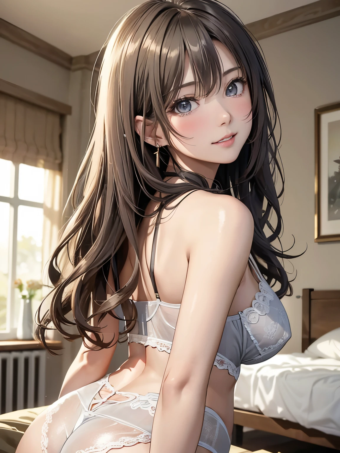 (Highest quality, High resolution, Masterpiece, 4K), (Soft light、Luster of hair、Beautiful eyes)、young woman、The whole body is visible、Adorable smile、 ((Wavy long hair, bangs, Light-colored hair)), ((Wistful eyes、Gray Eyes, Perfect Eyes)), ((Detailed face, blush:1.1)), ((Smooth texture:0.75, Realistic texture:0.65, Realistic:1.1, Anime CG Style)),Medium chest、Glamorous Body、(Sexy thighs、Beautiful buttocks are fully visible)、(Sexy Lingerie), Cute Earrings、Room with curtains、Dark Wallpaper、Angle from below++、(Get on your knees and stick your butt out:1.8、Backwards:1.8、turn your butt towards the camera:1.8)